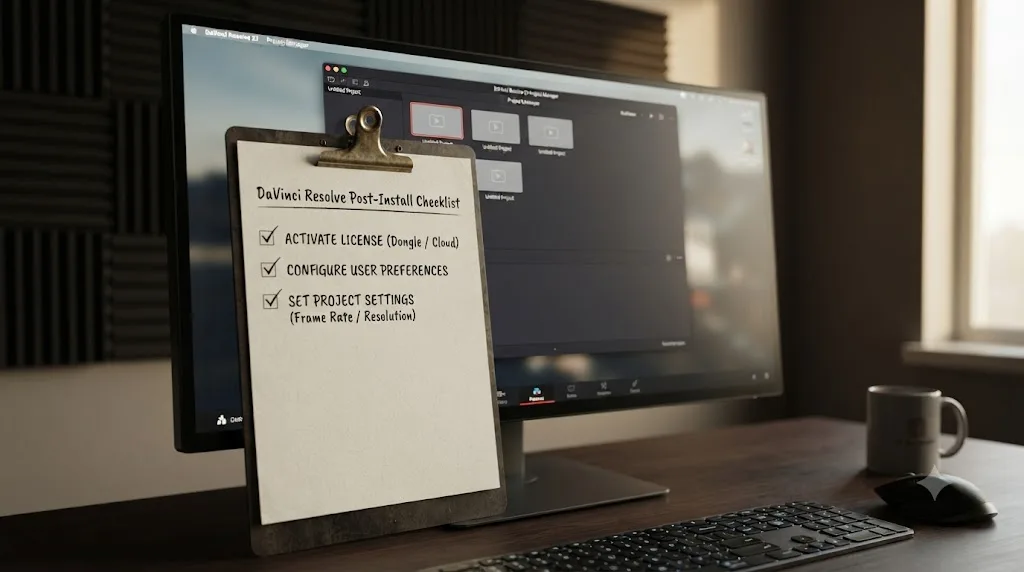 Illustration of a fresh DaVinci Resolve 21 install with a post-install checklist overlay