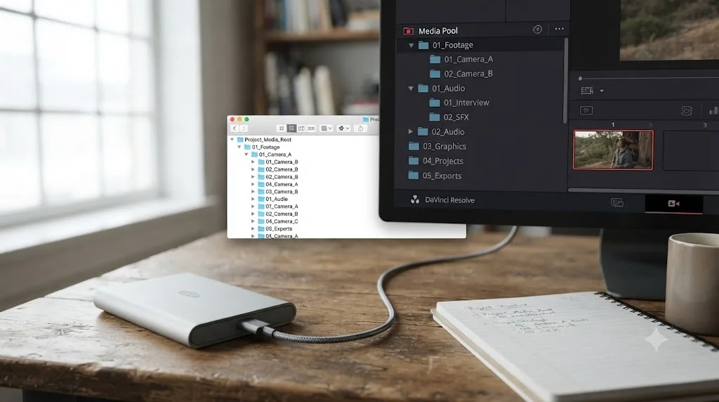 Illustration of a folder tree on disk mirrored by matching numbered bins in the DaVinci Resolve Media Pool