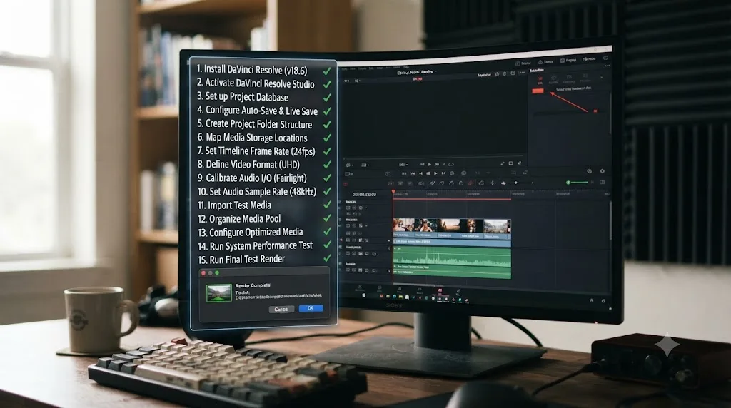 Illustration of the complete fifteen-step DaVinci Resolve post-install checklist before a first project