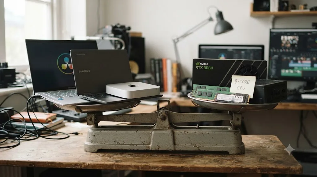 Illustration of three different computers, a budget laptop, a Chromebook, and a Mac mini, weighed against DaVinci Resolve's hardware requirements