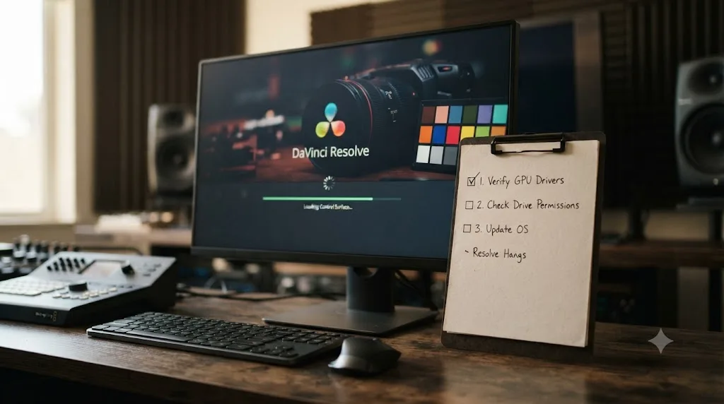 Illustration of a frozen DaVinci Resolve splash screen next to a diagnostic checklist