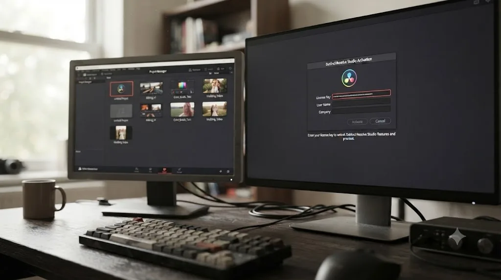 Illustration of the DaVinci Resolve Studio activation dialog next to the free version's Project Manager