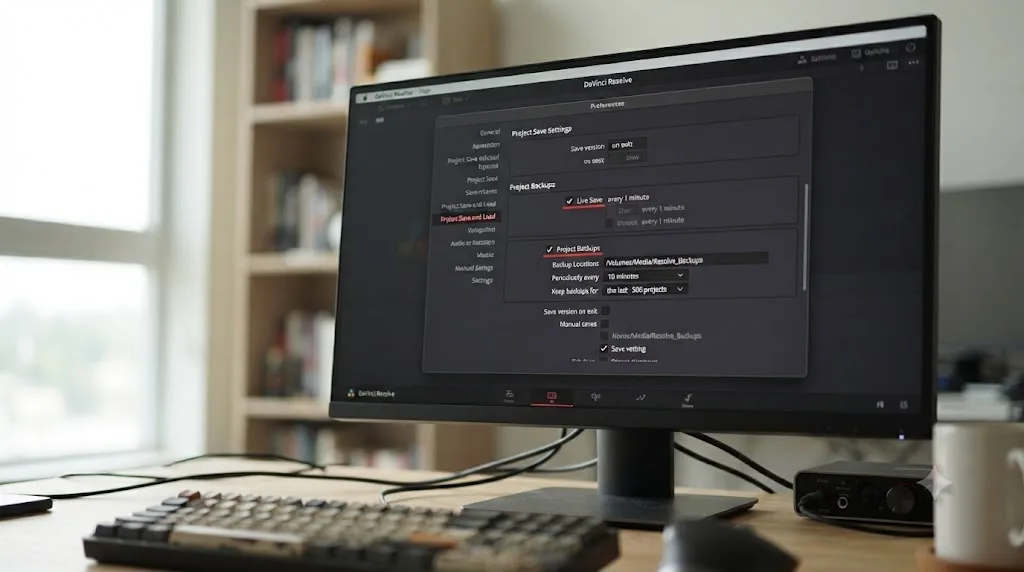 Illustration of DaVinci Resolve preferences showing Live Save and Project Backups enabled before a first project