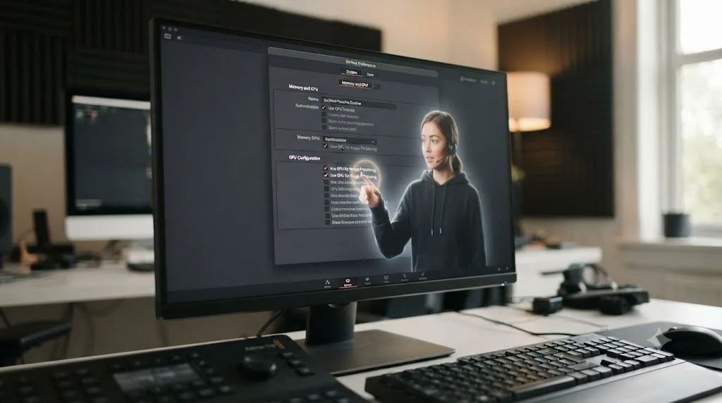 Illustration of an on-screen assistant pointing at a setting inside DaVinci Resolve preferences