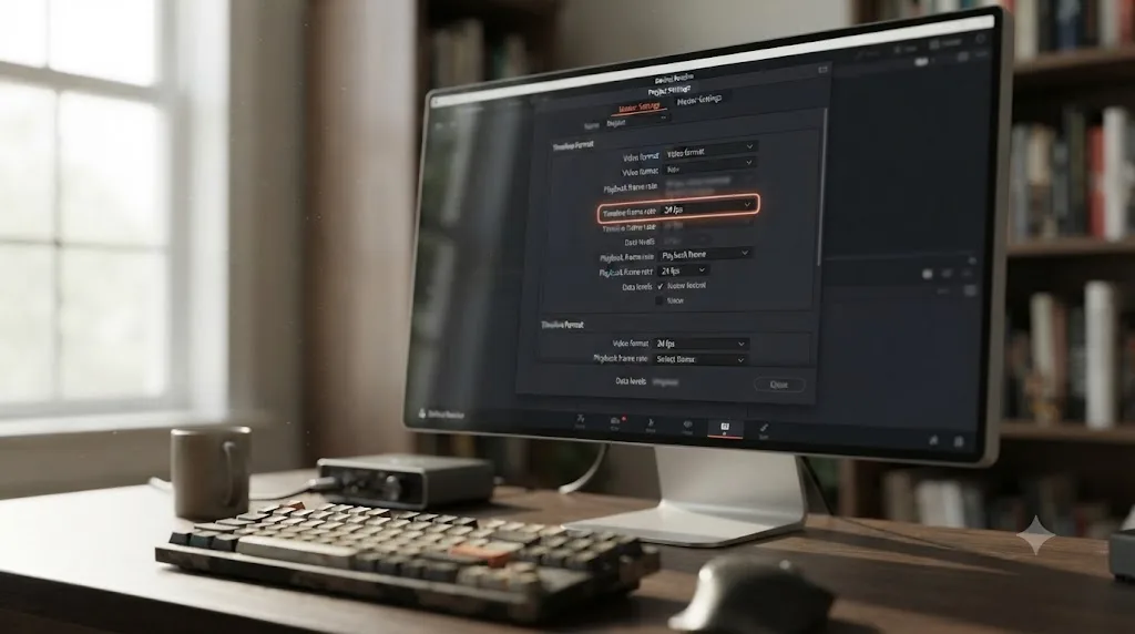 Illustration of setting the timeline frame rate in DaVinci Resolve Project Settings before importing footage