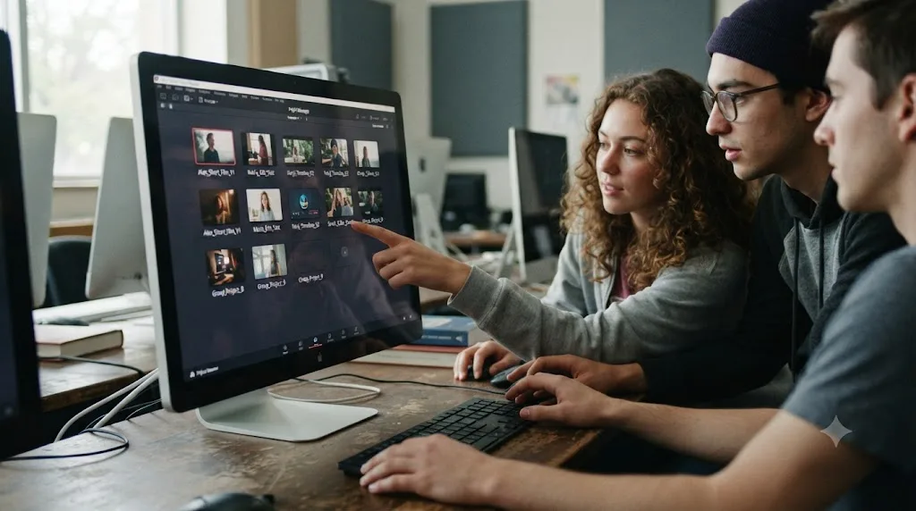 Illustration of a shared classroom computer running DaVinci Resolve with multiple student projects listed in the Project Manager