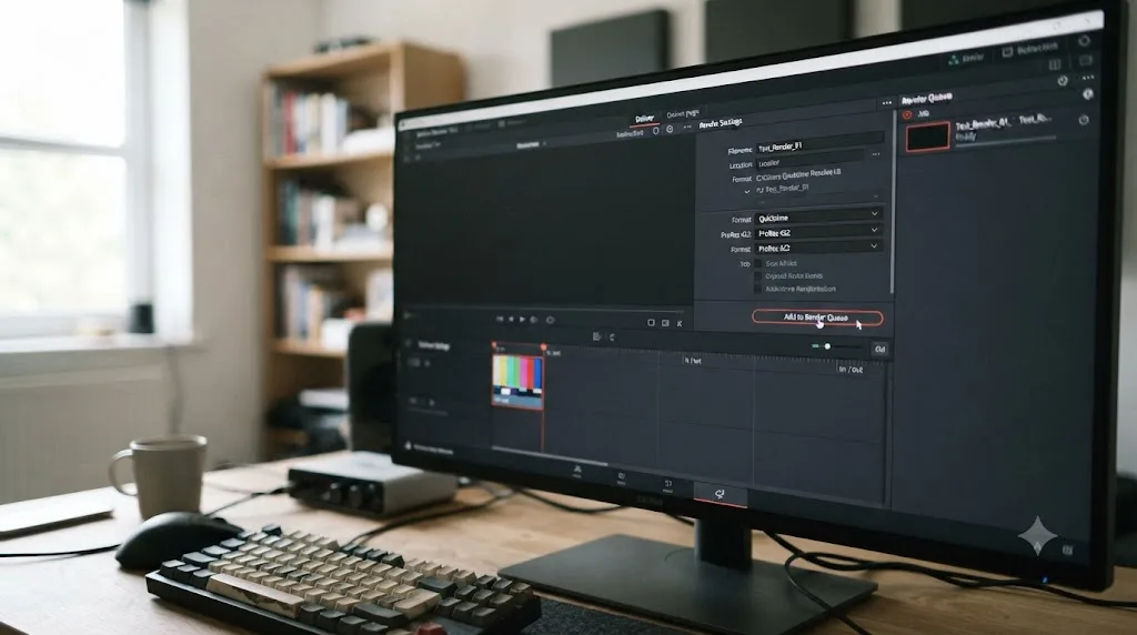 Illustration of running a test render in DaVinci Resolve's Deliver page before starting a real project