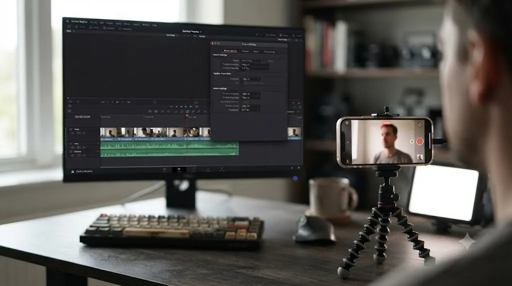 Illustration of an iPhone shooting a talking-head video next to a DaVinci Resolve project set to 29.97fps and 1080p resolution