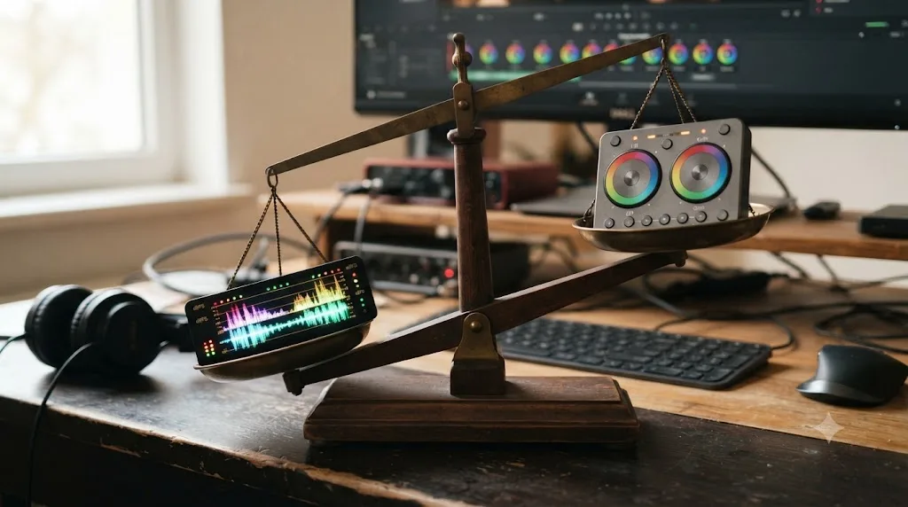 Illustration of an audio waveform and a color wheel balanced on a scale, weighted toward audio for a beginner's priorities