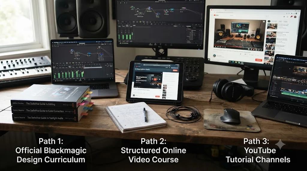 Illustration comparing three DaVinci Resolve training paths with different sequences for editing, color, and audio