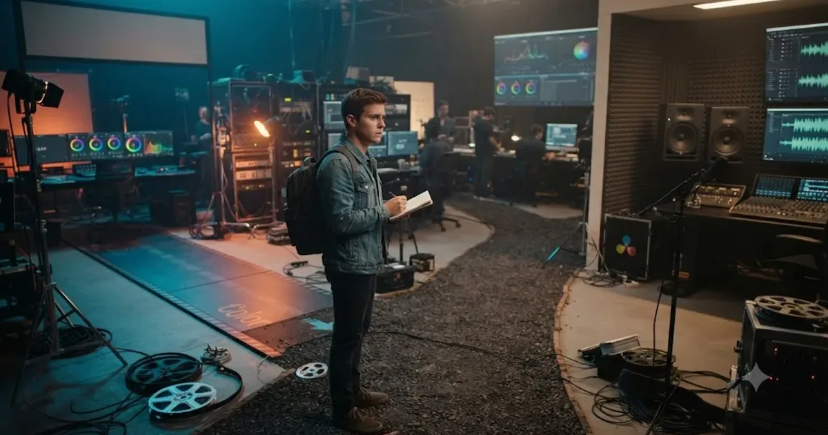 Illustration of a fork in the road labeled editing, color, and audio branching from a DaVinci Resolve timeline