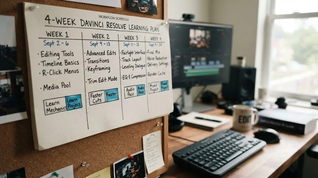 Illustration of a four-week DaVinci Resolve learning plan sequencing editing mechanics before an audio mixing pass