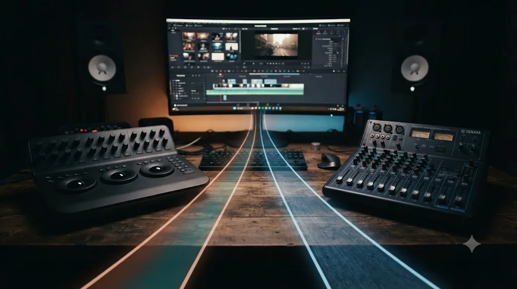 Illustration of two learning paths diverging from a finished DaVinci Resolve edit toward color grading and audio mixing