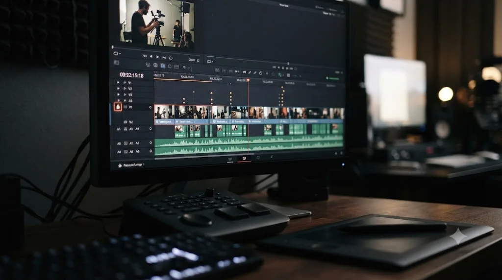 Illustration of a locked DaVinci Resolve timeline ready for color grading and audio mixing to begin