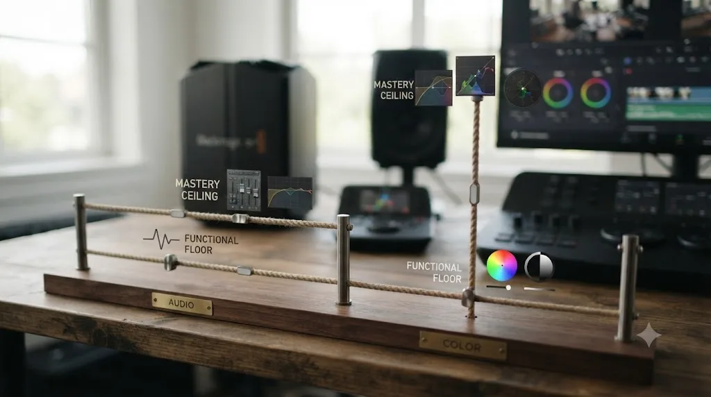 Illustration comparing the learning timeline floor and ceiling for DaVinci Resolve audio skills versus color grading skills