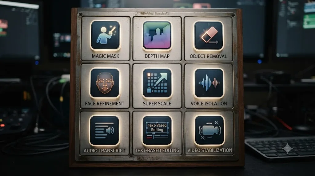 Illustration of the nine new AI tools in DaVinci Resolve 21 arranged in a grid