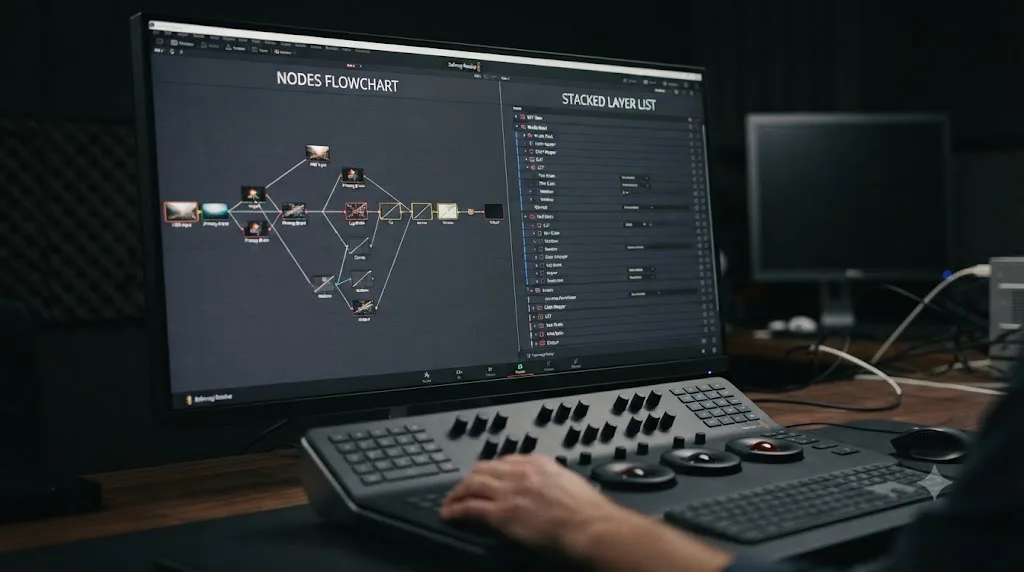 Illustration comparing a traditional node flowchart with the new layer-list node view in DaVinci Resolve 21