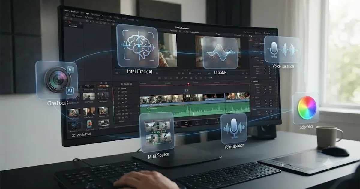 Illustration of the DaVinci Resolve 21 interface surrounded by icons representing its new features