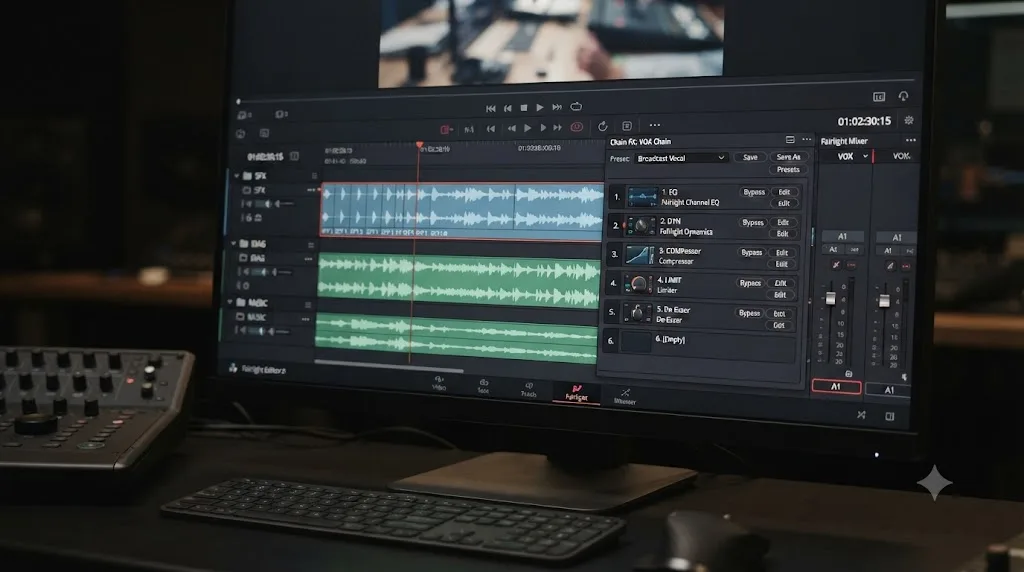 Illustration of collapsed audio track folders and a Chain FX preset panel in DaVinci Resolve 21 Fairlight