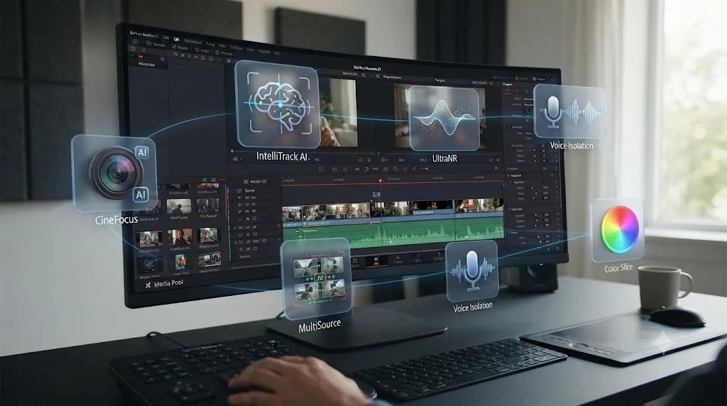 Illustration of the DaVinci Resolve 21 interface surrounded by icons representing its new features