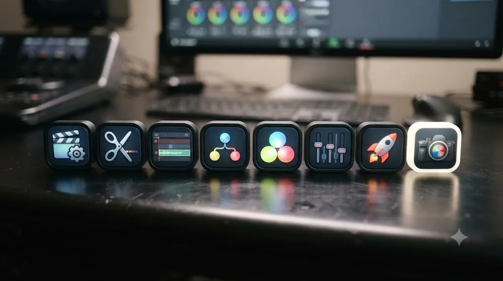 Illustration of DaVinci Resolve's page icons with a new Photo page icon added alongside them