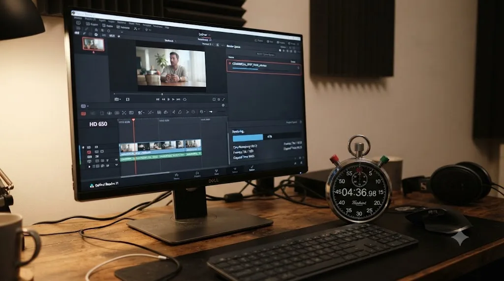 Illustration of a DaVinci Resolve 21 export running in the render queue with a stopwatch alongside it