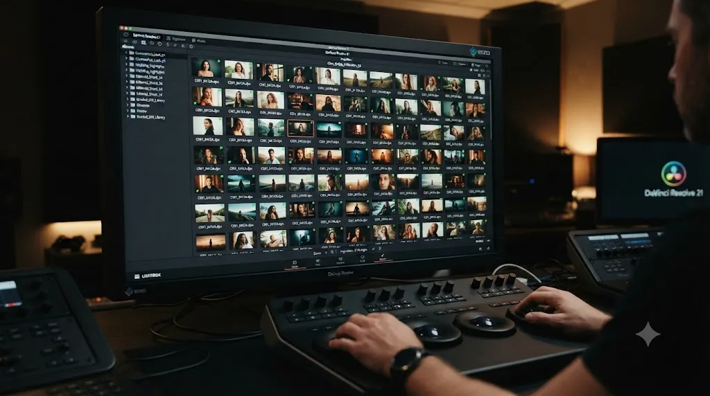 Illustration of the LightBox view in the DaVinci Resolve 21 Photo page showing a graded photo album