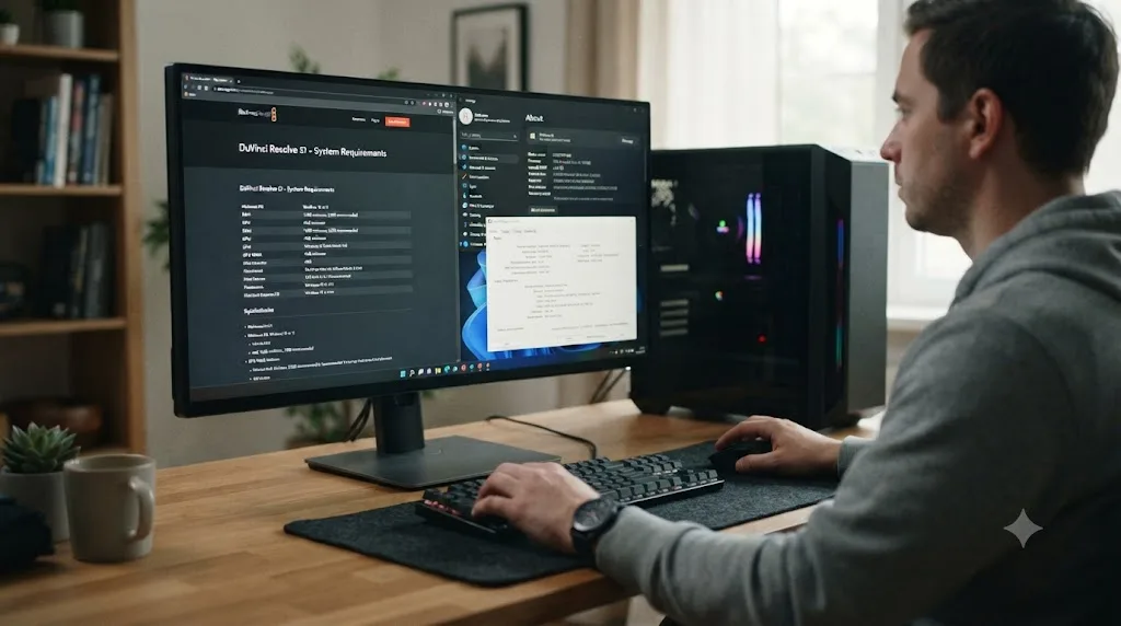 Illustration of a computer being checked against DaVinci Resolve 21's operating system requirements