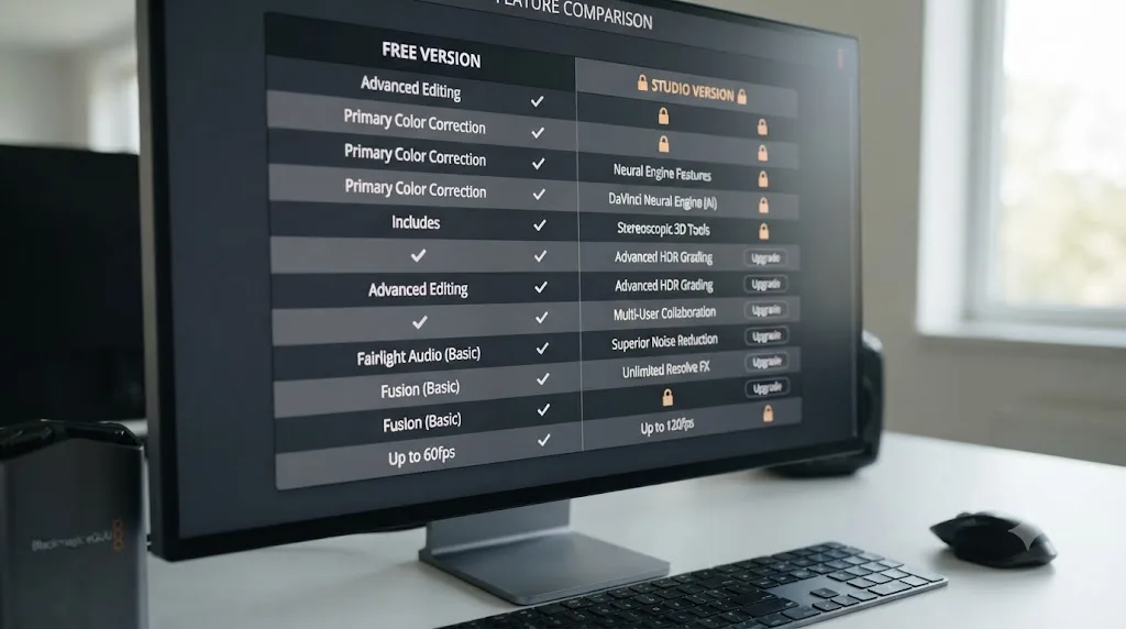 Illustration of DaVinci Resolve 21 features split between the free version and the Studio version